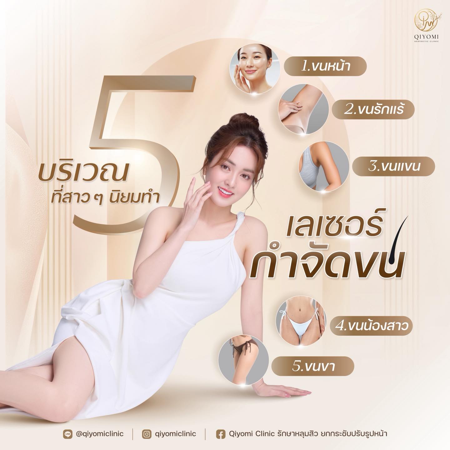 เลเซอร์กำจัดขน นิยมทำบริเวณ ขนรักแร้ ขนหน้า ขนหนวด ขนเครา ขนแขน ขนขา ขนหน้าอก ขนบริเวณหลัง
ขนในที่หลับ (บิกินี่ หรือบราซิลเลียน) 